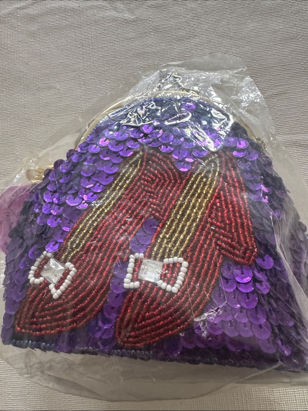 Sequin Beaded Purple Evening Clutch with Red Bead Accent